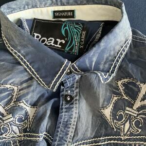 Roar Signature Edition Men’s XL Blue Long Sleeve Black Embroidered Button Shirt